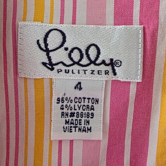 LILY PULITZER Wrap Blouse | Size 4 | Stripes Tie Waist Point Collar Pink Yellow - Picture 5 of 5